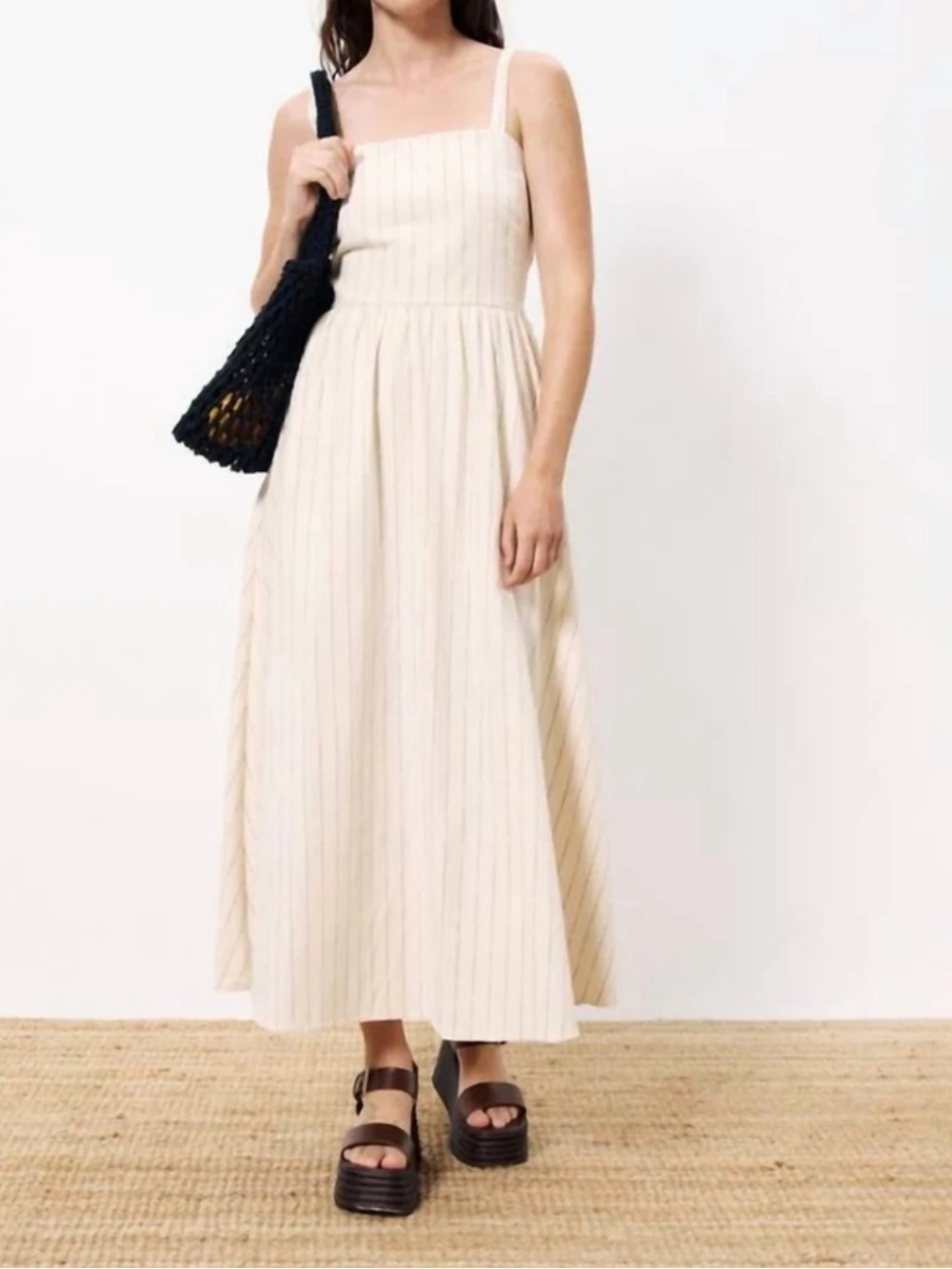FRNCH Casey Pinstripe Backless Maxi Dress Cream Size M NWOT
